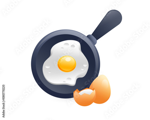 Illustration of fried eggs in a frying pan and eggs, realistic in 3D style.