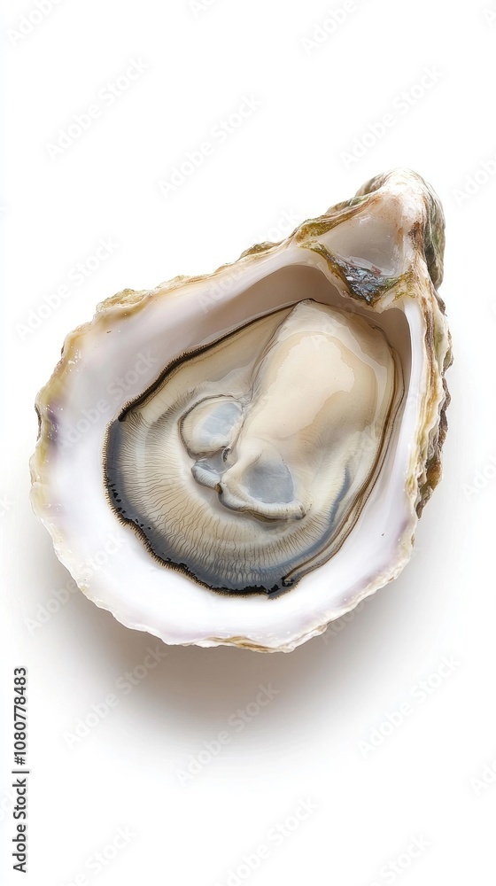 Naklejka premium Delicately opened oyster showcasing its lustrous interior on a pristine white background in a high-resolution format
