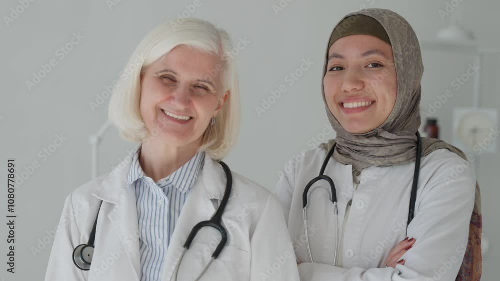 Portrait group of happy teacher senior mature female doctor and intern islamic muslim doctor woman standing together in hospital. Professionals diverse Unity and proud teamwork concept. Portrait group of happy teacher senior mature female doctor and intern islamic muslim doctor woman standing together in hospital. Professionals diverse Unity and proud teamwork concept.