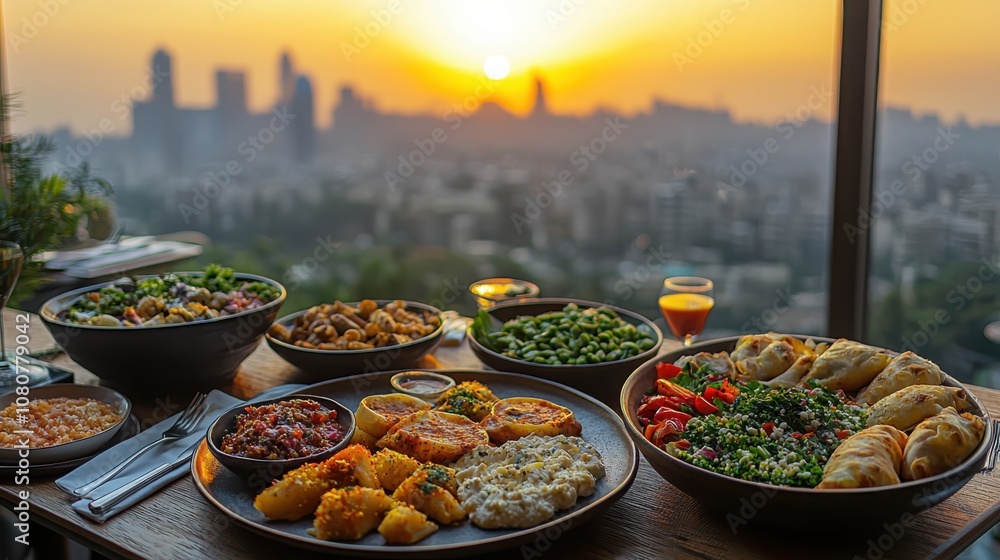 Fototapeta premium Savor delicious lebanese mezze platter while enjoying the stunning beirut skyline
