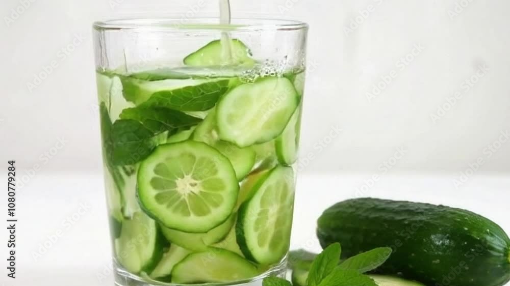 close-up of cucumber mint juice flowing into a glass surrounded by fresh cucumber slices and mint leaves, refreshing cucumber and mint juice filling a glass with fresh cucumber slices and mint leaves close-up of cucumber mint juice flowing into a glass surrounded by fresh cucumber slices and mint leaves, refreshing cucumber and mint juice filling a glass with fresh cucumber slices and mint leaves