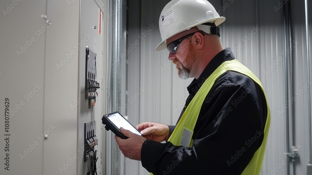 An electrician in a white hard hat and safety vest uses a tablet while working in a electrical room. An electrician in a white hard hat and safety vest uses a tablet while working in a electrical room.