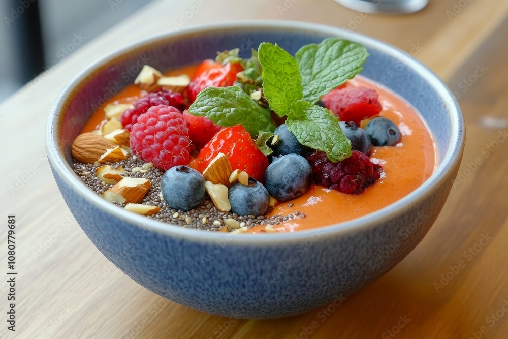Fresh smoothie bowl topped with berries, nuts, and mint on a wooden table in a cozy café setting Fresh smoothie bowl topped with berries, nuts, and mint on a wooden table in a cozy café setting