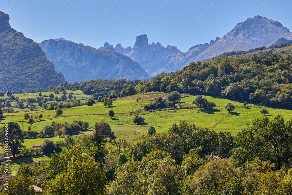 Panoramic view of the valley in front of Picu Urriellu mountain Panoramic view of the valley in front of Picu Urriellu mountain