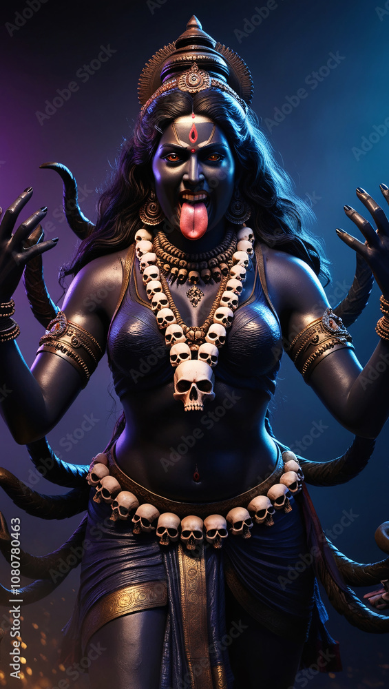 Fototapeta premium High-Definition Depiction of Fierce Goddess Kali in Traditional Hindu Attire with Skulls and Symbols – Ideal for Spiritual and Cultural Projects