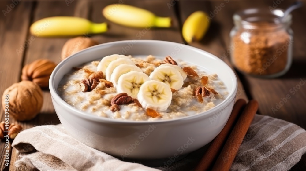 Healthy Oatmeal with Banana and Pecans for Breakfast Healthy Oatmeal with Banana and Pecans for Breakfast