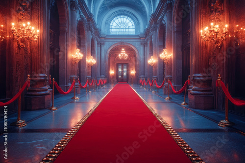 A stately hallway with gleaming chandeliers and a plush red carpet, exuding timeless sophistication.