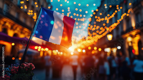 A French flag waves amidst a city street decorated with lights during an evening celebration, capturing the vibrant energy and cultural pride of the event. photo