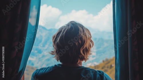 Young Individual Gazing at Mountain Panorama through Window, Embracing Natural Vision Enhancement Concept.