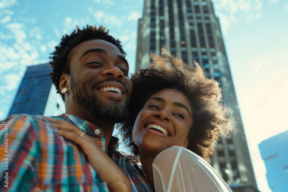 Portrait of a cheerful afro-american couple in their 20s sporting a breathable mesh jersey in stunning skyscraper skyline Portrait of a cheerful afro-american couple in their 20s sporting a breathable mesh jersey in stunning skyscraper skyline