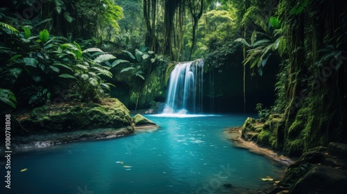 Turquoise waterfall cascades into a tranquil jungle pool.