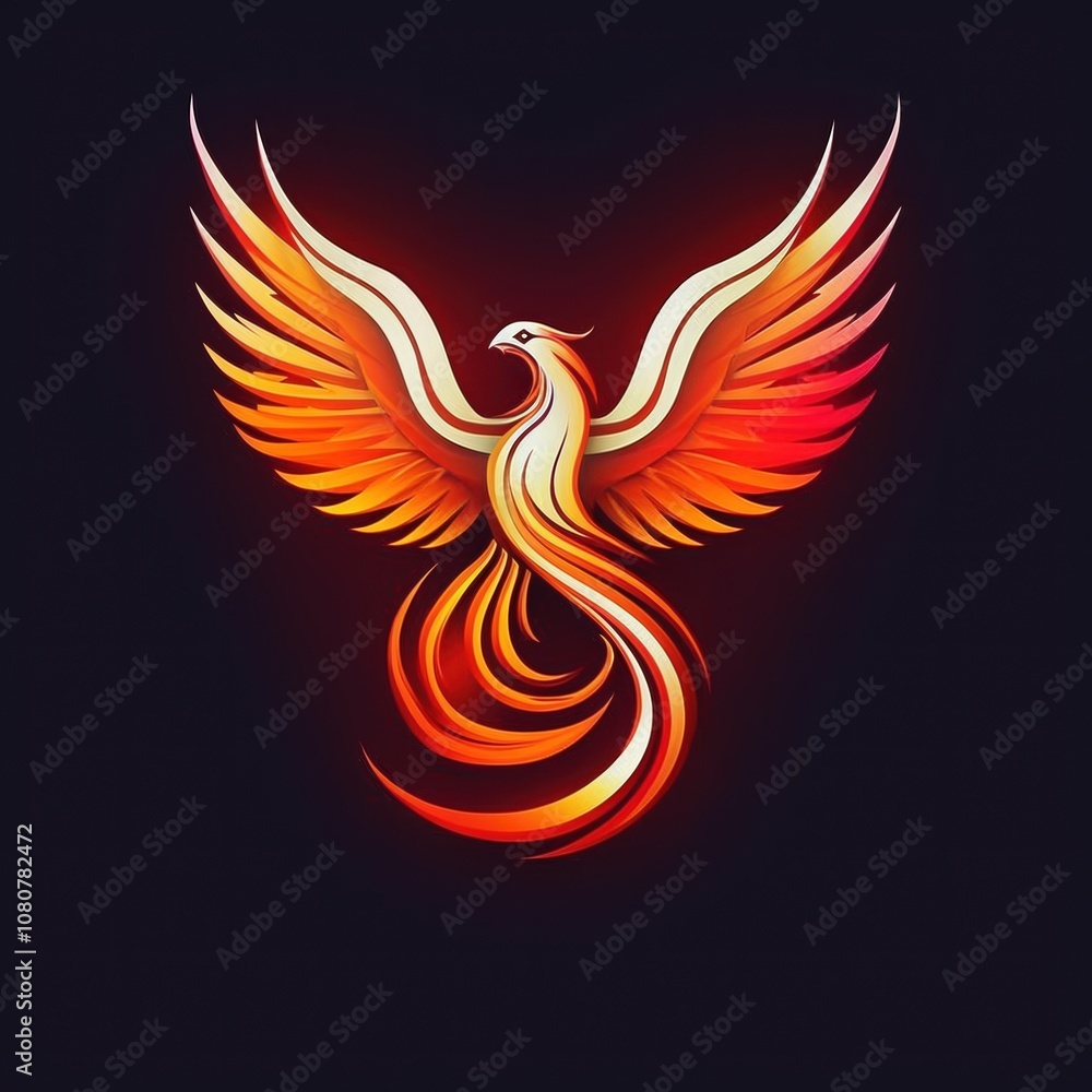 A fiery phoenix with outstretched wings against a dark background. A fiery phoenix with outstretched wings against a dark background.
