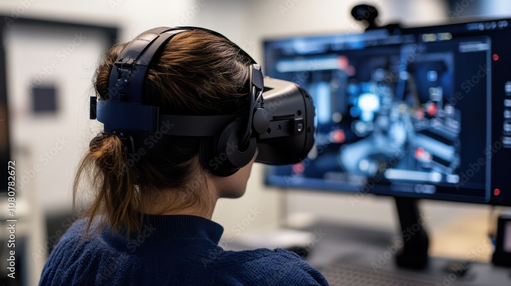 A person immersed in virtual reality, wearing high-tech gear, interacts with a digital world displayed on a large screen in a modern setting. A person immersed in virtual reality, wearing high-tech gear, interacts with a digital world displayed on a large screen in a modern setting.