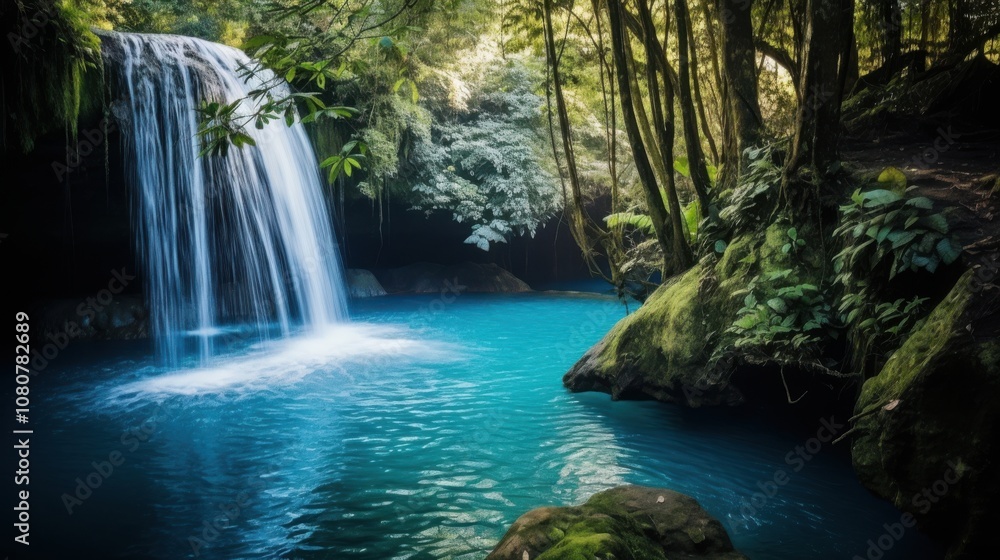 Fototapeta premium Turquoise waterfall cascades into a tranquil jungle pool.