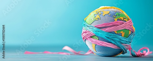 A colorful globe made of yarn sits on a surface, symbolizing creativity and a global perspective.