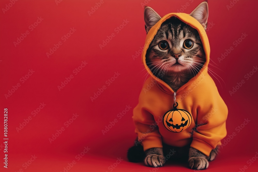 Cat in orange hoodie with pumpkin pendant, playful expression, vibrant red background, Halloween theme Cat in orange hoodie with pumpkin pendant, playful expression, vibrant red background, Halloween theme