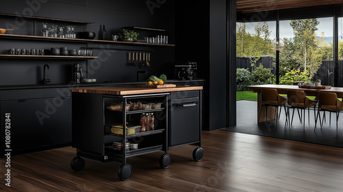 Wallpaper Mural Modern kitchen with black cabinetry, wooden kitchen island on wheels, open shelving, large glass windows opening to garden Torontodigital.ca