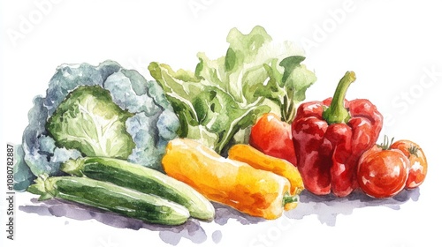 Vibrant watercolor painting of assorted fresh vegetables showcasing natural colors and textures, perfect for culinary or health-themed projects.