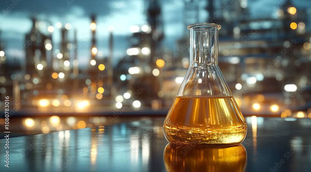 A glass flask filled with a yellow liquid sits on a table in front of a blurry background of an industrial facility at night A glass flask filled with a yellow liquid sits on a table in front of a blurry background of an industrial facility at night