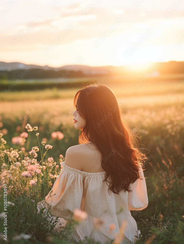 A woman relaxes in field adorned with flowers, sunset casting warm glow on her, serene moment captured. A woman relaxes in field adorned with flowers, sunset casting warm glow on her, serene moment captured.