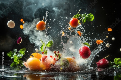 Frozen Fruits and Vegetables with Water Splash and Smoke