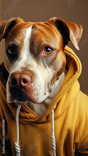 Portrait of Brown and White Dog in Yellow Hoodie Against Brown Background for Modern Design, Marketing Campaigns, and Seasonal Promotions photo