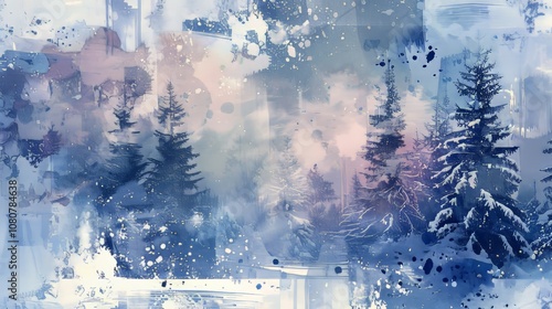 A painting of a snowy forest with trees and a river. The trees are covered in snow and the sky is blue