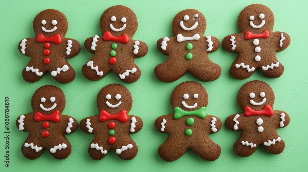 Eight Decorated Gingerbread Cookies on Green Background Eight Decorated Gingerbread Cookies on Green Background