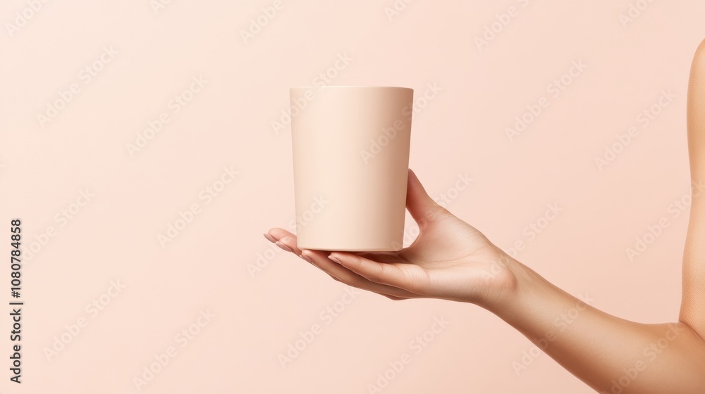 Woman holding blank cream jar minimalist setting product photography soft colors close-up beauty concept Woman holding blank cream jar minimalist setting product photography soft colors close-up beauty concept
