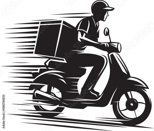 Delivery man on scooter with package silhouette vector illustration on white background