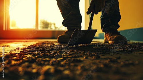 Worker Spreading Concrete With A Trowel In A Building Under Construction photo