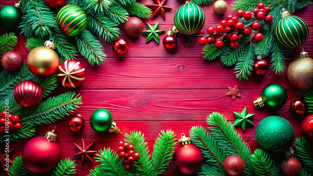 Classic holiday setting, adorned with festive red and green decorations, a warm Christmas backdrop perfect for seasonal celebrations, with plenty of copy space for text Classic holiday setting, adorned with festive red and green decorations, a warm Christmas backdrop perfect for seasonal celebrations, with plenty of copy space for text