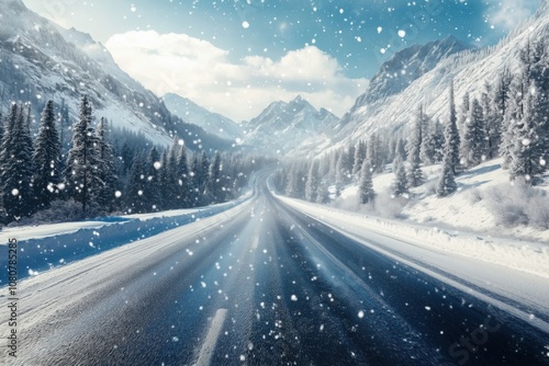 Snowy mountain road with falling snow, scenic winter landscape, majestic peaks, evergreen trees, clear blue sky, tranquil atmosphere