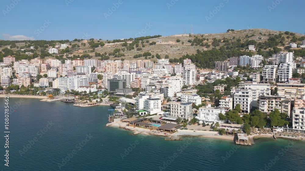 Aerial drone video of the coastal town named Sarandë in Albania. Aerial drone video of the coastal town named Sarandë in Albania.