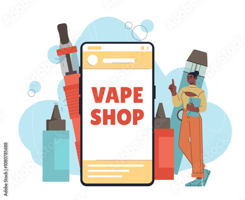 Woman with vape shop. Young girl near huge electronic cigarettes and smartphone. Steam with flavour. Person with vapers and ecigarettes. Flat vector illustration isolated on white background