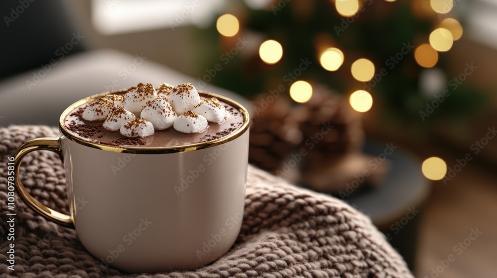 Cozy Cup of Hot Chocolate with Marshmallows in a Festive Setting Cozy Cup of Hot Chocolate with Marshmallows in a Festive Setting