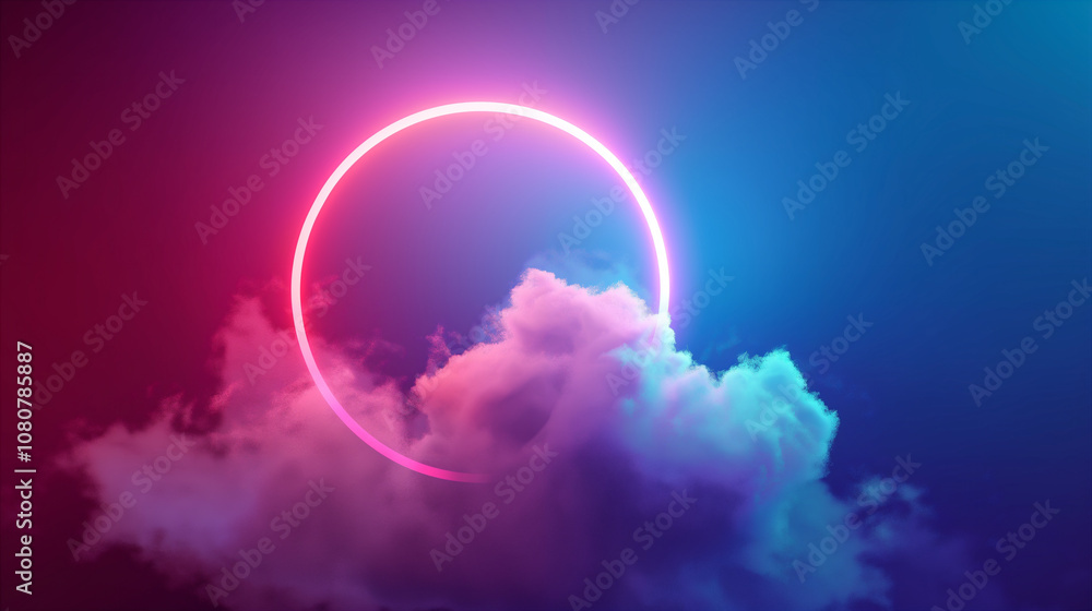 Neon Circle in Stormy Sky. Generative AI Neon Circle in Stormy Sky. Generative AI