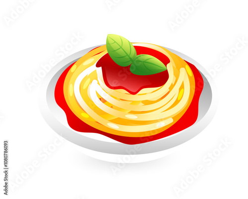 Illustration of italian pasta with tomato sauce and basil leaves, realistic in 3d style.