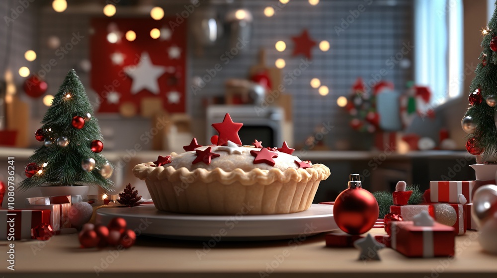 A white pie with red stars on top sits on a table next to a Christmas tree A white pie with red stars on top sits on a table next to a Christmas tree