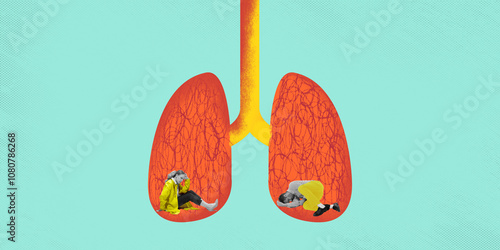 Contemporary art collage. Two men sitting inside orange lungs, suggesting confined or restricted feeling related to breathing. Concept of healthcare, medicine, viruses protection. Ad photo