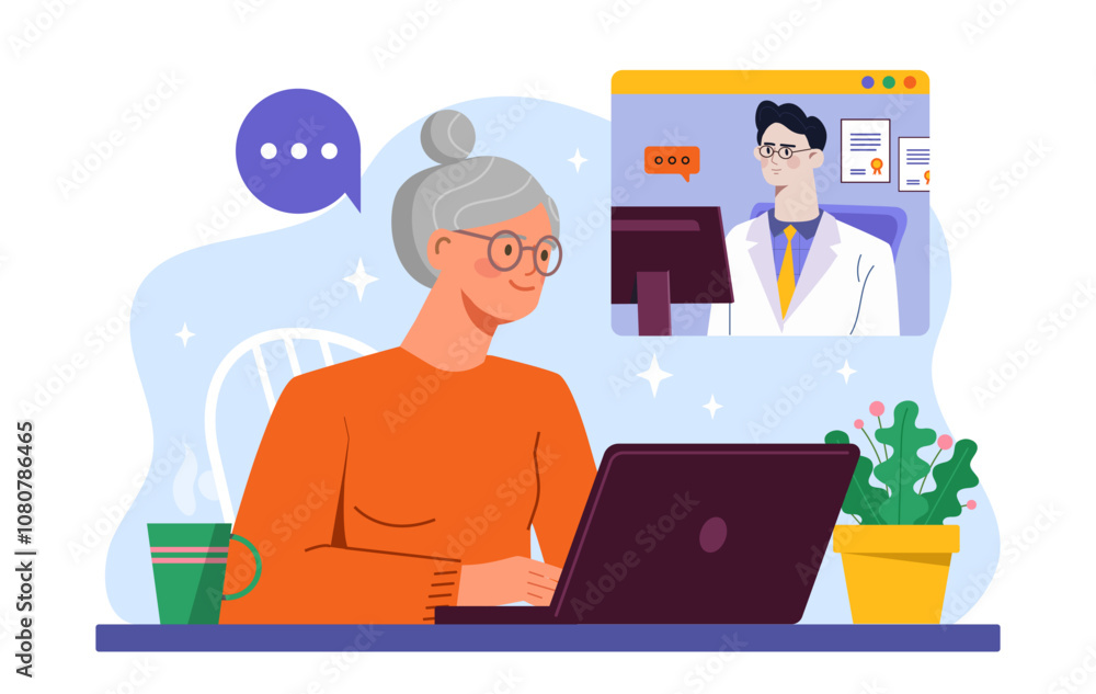 Video call with doctor. Old woman with laptop communicates with man in medical gown. Diagnosis and treatment. Healthcare and medicine. Flat vector illustration isolated on white background Video call with doctor. Old woman with laptop communicates with man in medical gown. Diagnosis and treatment. Healthcare and medicine. Flat vector illustration isolated on white background