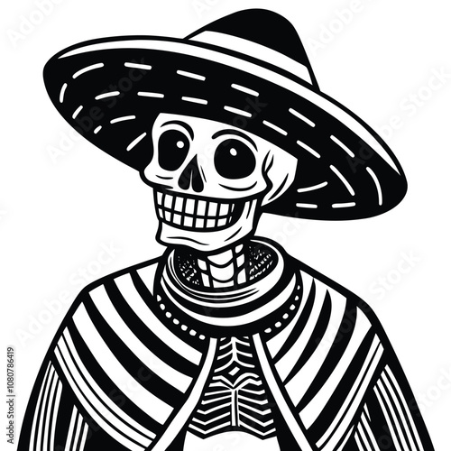 Skeleton with Sombrero and Poncho silhouette vector illustration