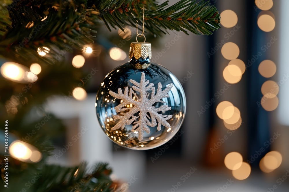 A stunning glass ornament featuring an intricate snowflake design hangs gracefully on a Christmas tree, paired with a backdrop of glowing holiday lights. A stunning glass ornament featuring an intricate snowflake design hangs gracefully on a Christmas tree, paired with a backdrop of glowing holiday lights.