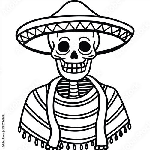 Skeleton with Sombrero and Poncho silhouette vector illustration