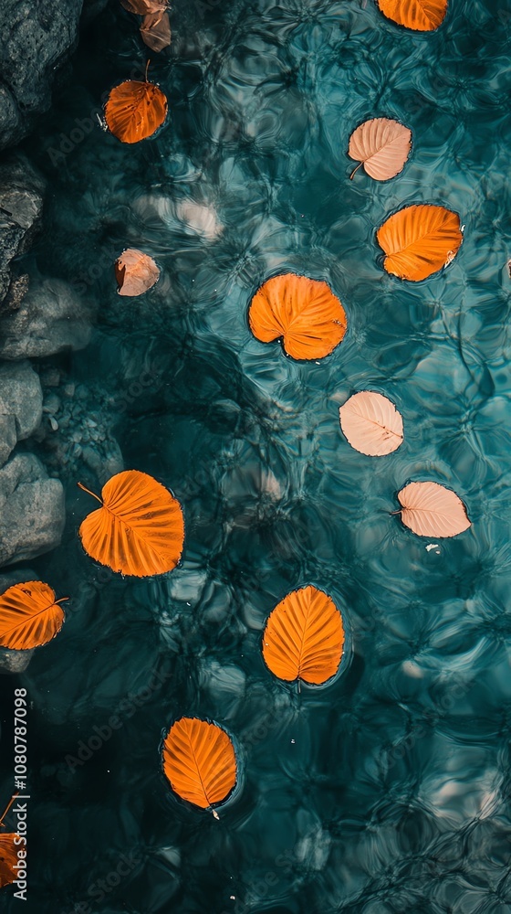 Orange leaves floating on a blue water surface. Orange leaves floating on a blue water surface.