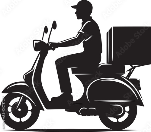 Delivery man on scooter with package silhouette vector illustration on white background