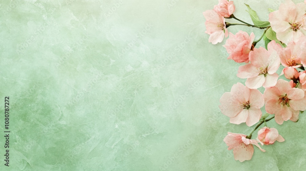 Obraz premium Delicate pink flowers on a soft green textured background evoke a sense of tranquility, AI