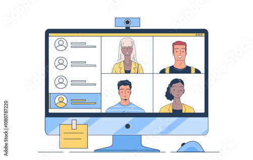 Video conference at computer. Men and women communicate via video call on social networks and messengers. Remote workers on teleconference. Linear vector illustration isolated on white background