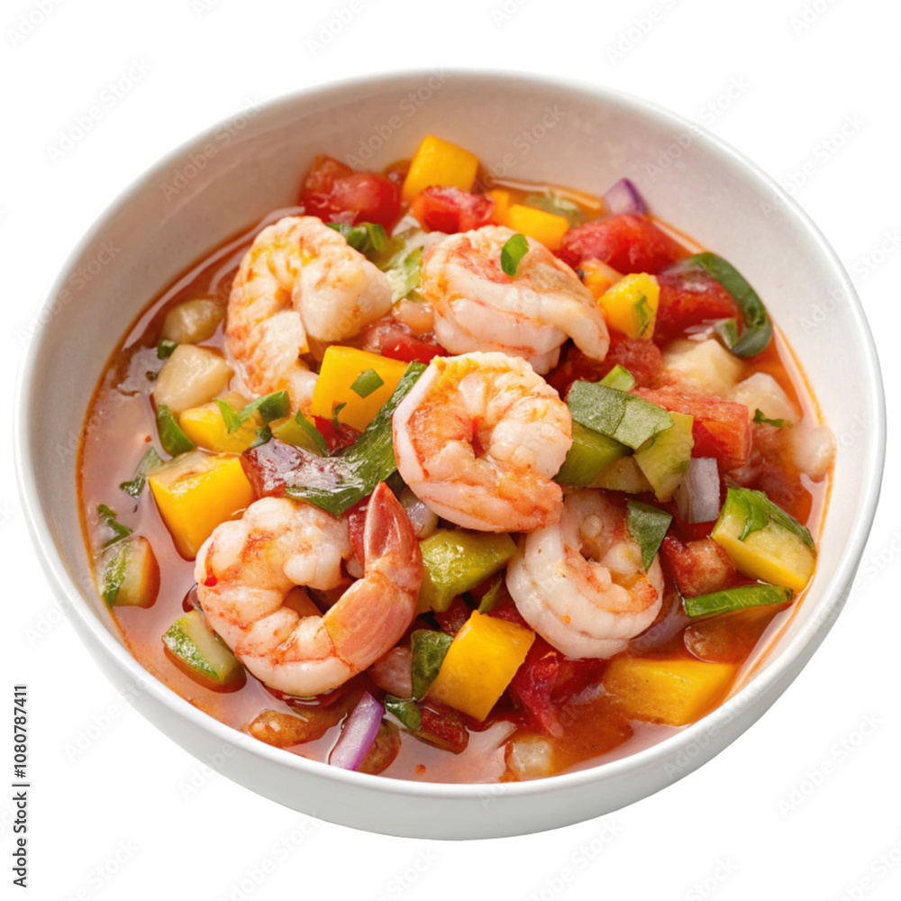 Fresh Shrimp Ceviche in Bowl with Vegetables Isolated on White Background Fresh Shrimp Ceviche in Bowl with Vegetables Isolated on White Background