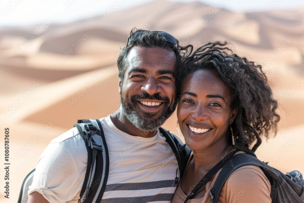 Portrait of a blissful multicultural couple in their 30s sporting a breathable hiking shirt isolated in backdrop of desert dunes Portrait of a blissful multicultural couple in their 30s sporting a breathable hiking shirt isolated in backdrop of desert dunes